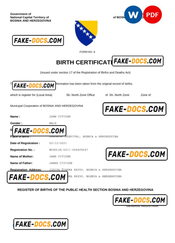 Bosnia and Herzegovina vital record birth certificate Word and PDF template, fully editable