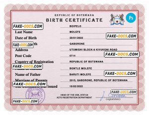 Botswana vital record birth certificate PSD template, fully editable