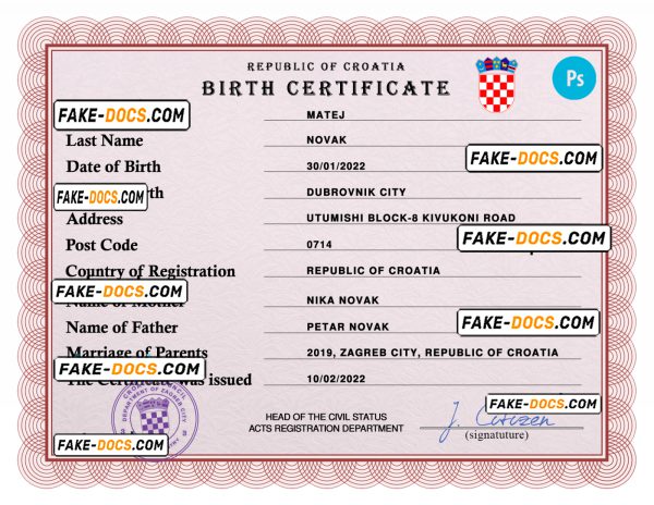 Croatia vital record birth certificate PSD template