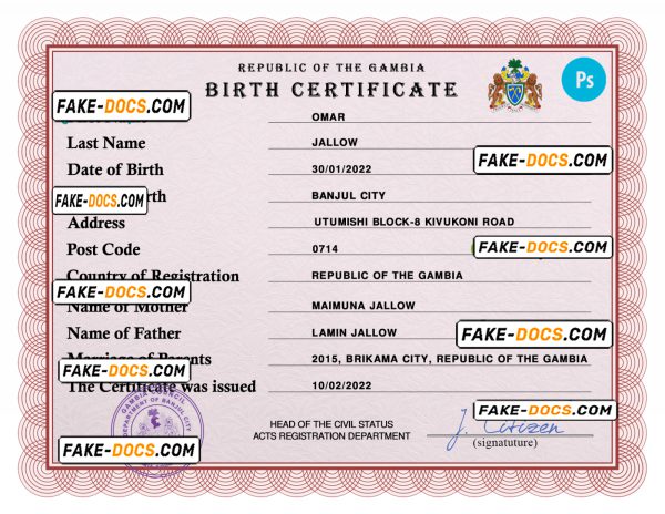 Gambia vital record birth certificate PSD template, fully editable
