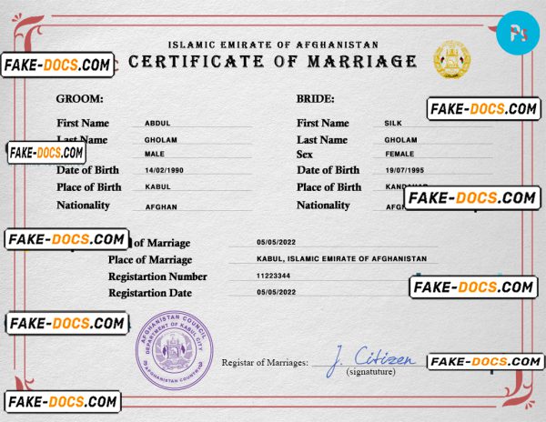 Afghanistan marriage certificate PSD template, fully editable