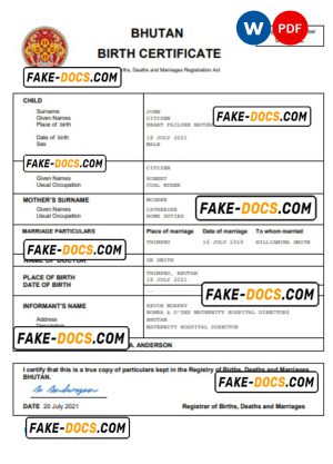 Bhutan vital record birth certificate Word and PDF template, completely editable