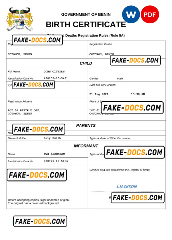 Benin birth certificate Word and PDF template, completely editable