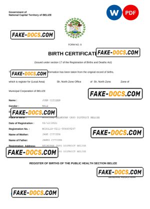 Belize vital record birth certificate Word and PDF template, fully editable