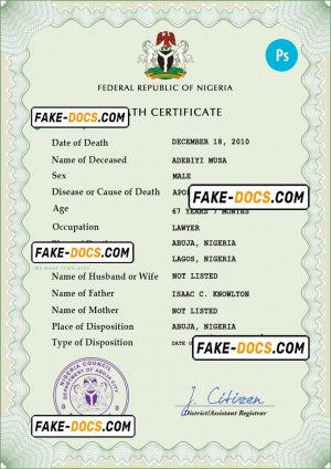 Nigeria vital record death certificate PSD template, fully editable