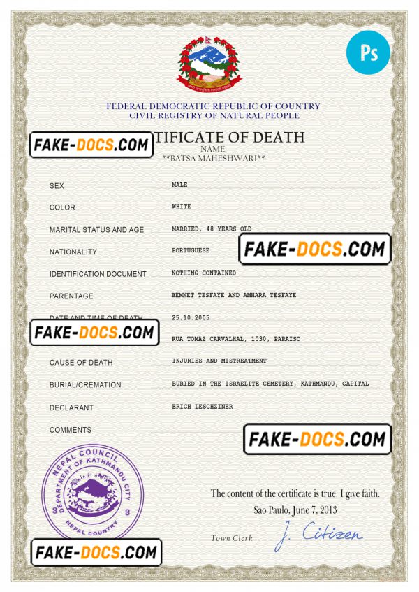 Nepal vital record death certificate PSD template, completely editable