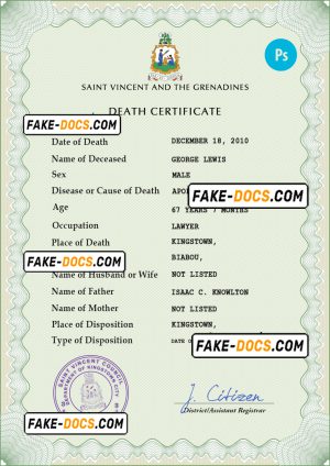 Saint Vincent and the Grenadines death certificate PSD template, completely editable