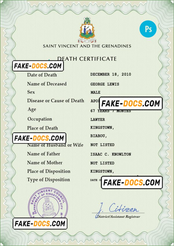 Saint Vincent and the Grenadines death certificate PSD template, completely editable