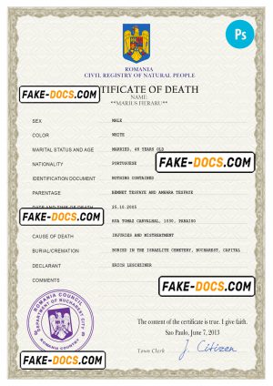 Romania death certificate PSD template, completely editable