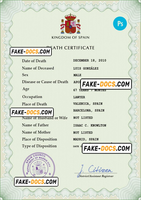 Spain death certificate PSD template, completely editable