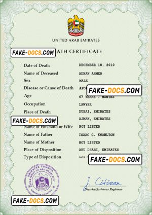 United Arab Emirates vital record death certificate PSD template, completely editable