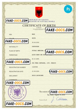 Albania birth certificate PSD template, completely editable