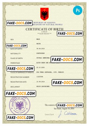 Albania birth certificate PSD template, completely editable