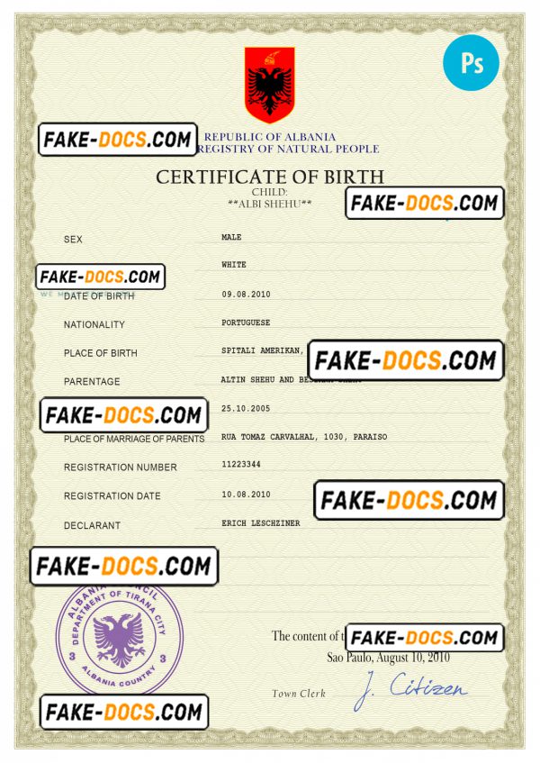 Albania birth certificate PSD template, completely editable