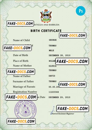 Antigua and Barbuda birth certificate PSD template, completely editable