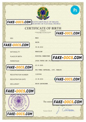 Brazil vital record birth certificate PSD template