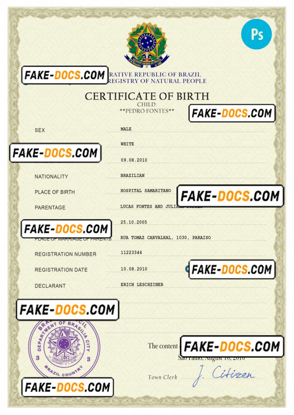 Brazil vital record birth certificate PSD template