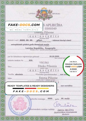 Latvia birth certificate template in PSD format, fully editable