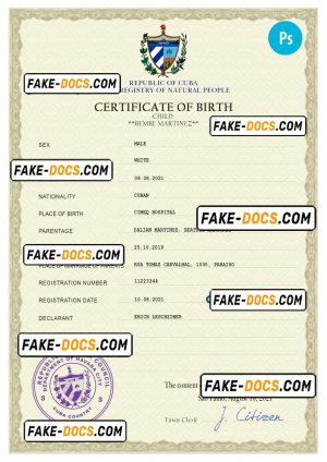 Cuba vital record birth certificate PSD template, completely editable