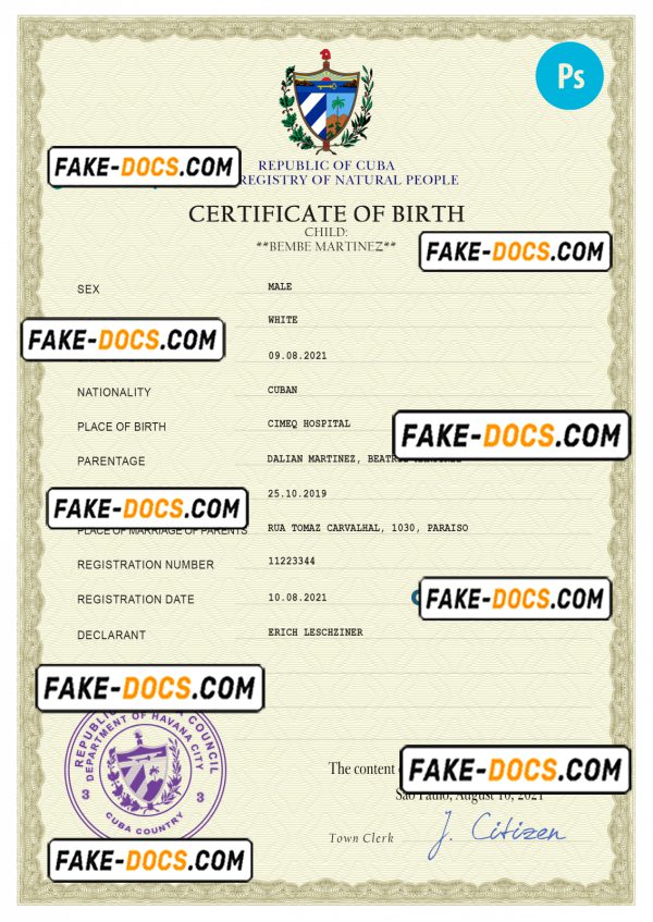 Cuba vital record birth certificate PSD template, completely editable