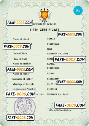 Burundi vital record birth certificate PSD template
