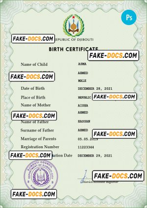 Djibouti vital record birth certificate PSD template, fully editable