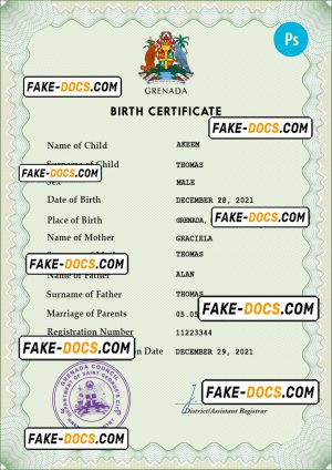 Grenada vital record birth certificate PSD template, fully editable