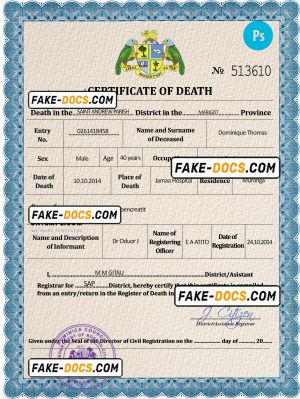 Dominica vital record death certificate PSD template, completely editable