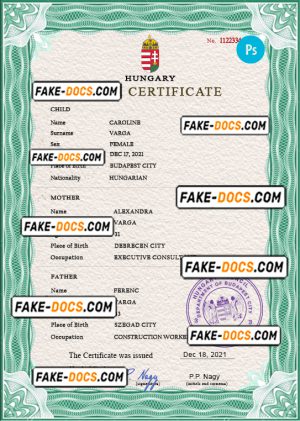 Hungary birth certificate PSD template, completely editable