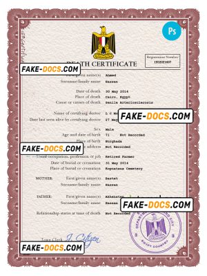 Egypt death certificate PSD template, completely editable