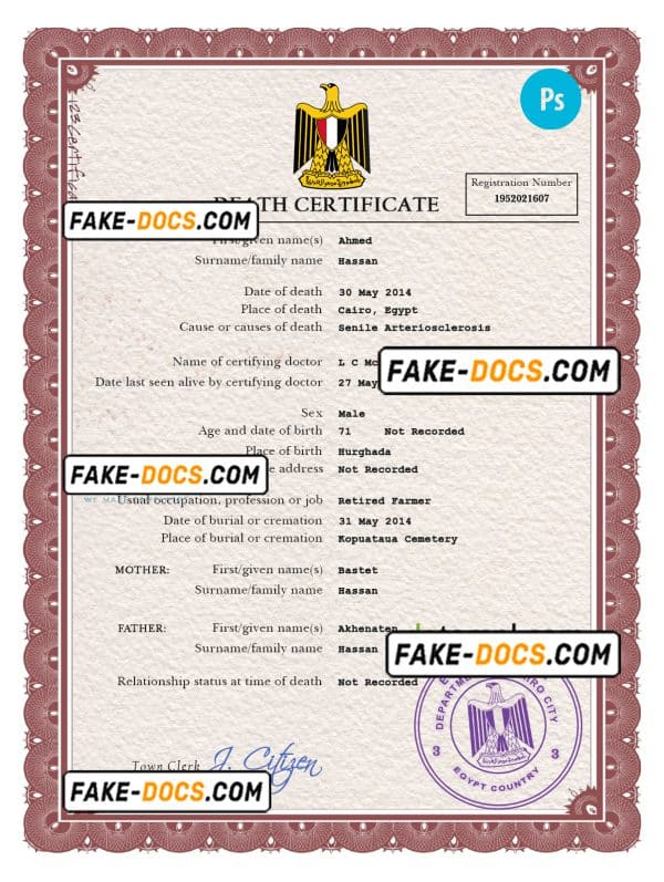 Egypt death certificate PSD template, completely editable