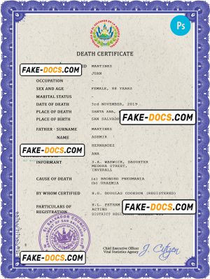 El Salvador vital record death certificate PSD template