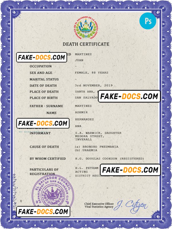 El Salvador vital record death certificate PSD template