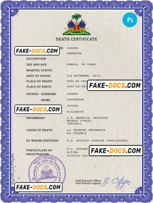 Haiti death certificate PSD template, completely editable