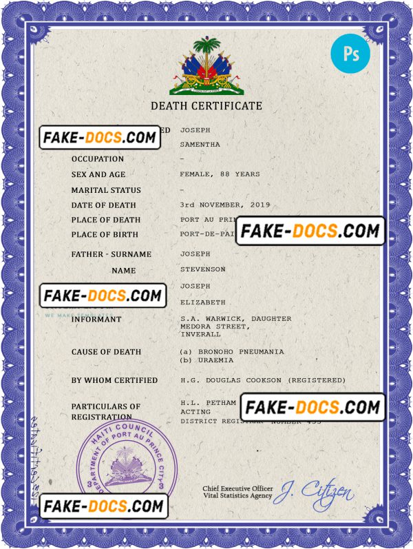 Haiti death certificate PSD template, completely editable