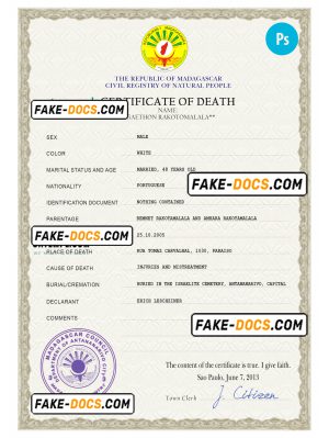 Madagascar vital record death certificate PSD template, fully editable