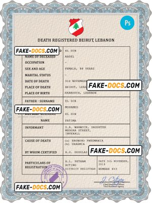 Lebanon vital record death certificate PSD template, completely editable
