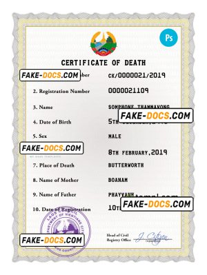 Laos vital record death certificate PSD template, fully editable