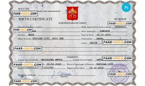 Holy See vital record birth certificate PSD template, fully editable