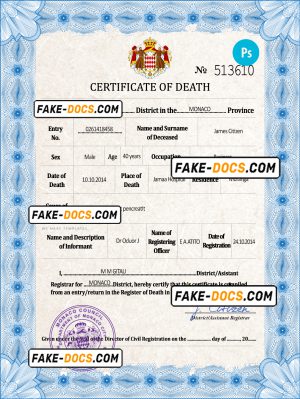 Monaco vital record death certificate PSD template