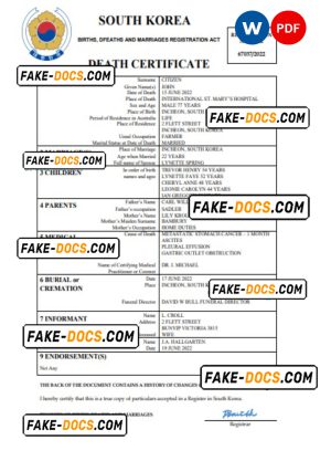 South Korea vital record death certificate Word and PDF template South Korea vital record death certificate Word and PDF template