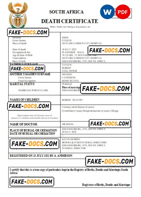 South Africa death certificate Word and PDF template, completely editable