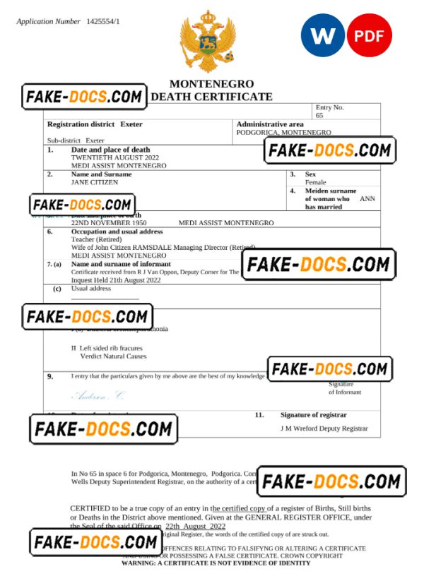 Montenegro death certificate Word and PDF template, completely editable