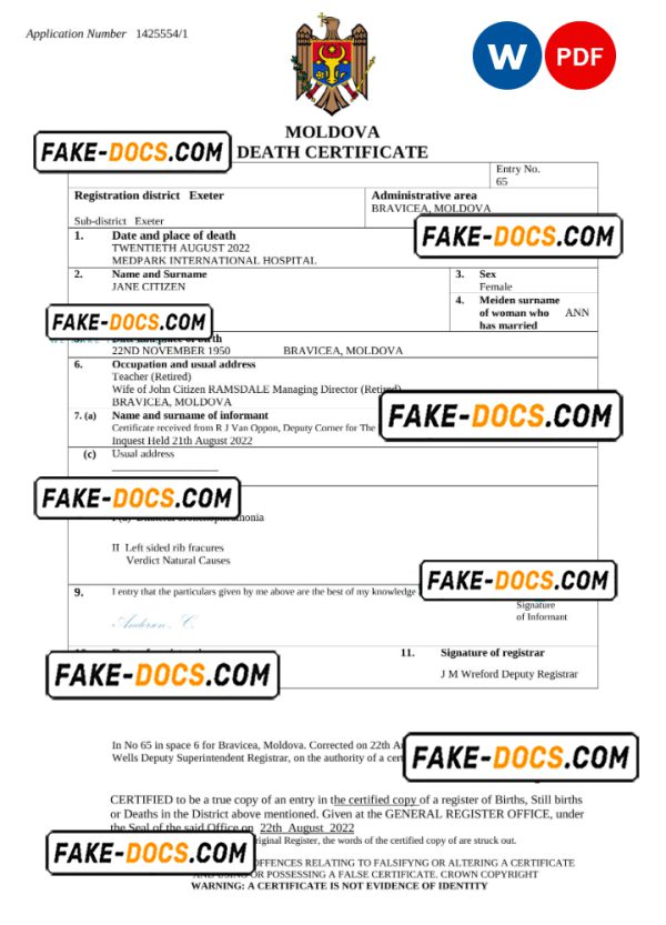 Moldova death certificate Word and PDF template, completely editable