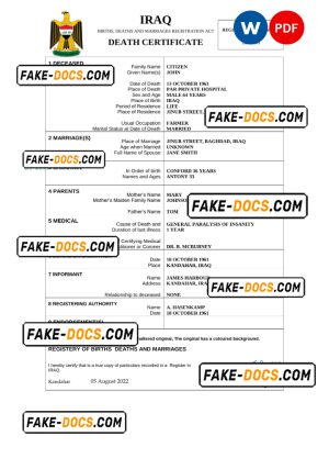 Iraq vital record death certificate Word and PDF template