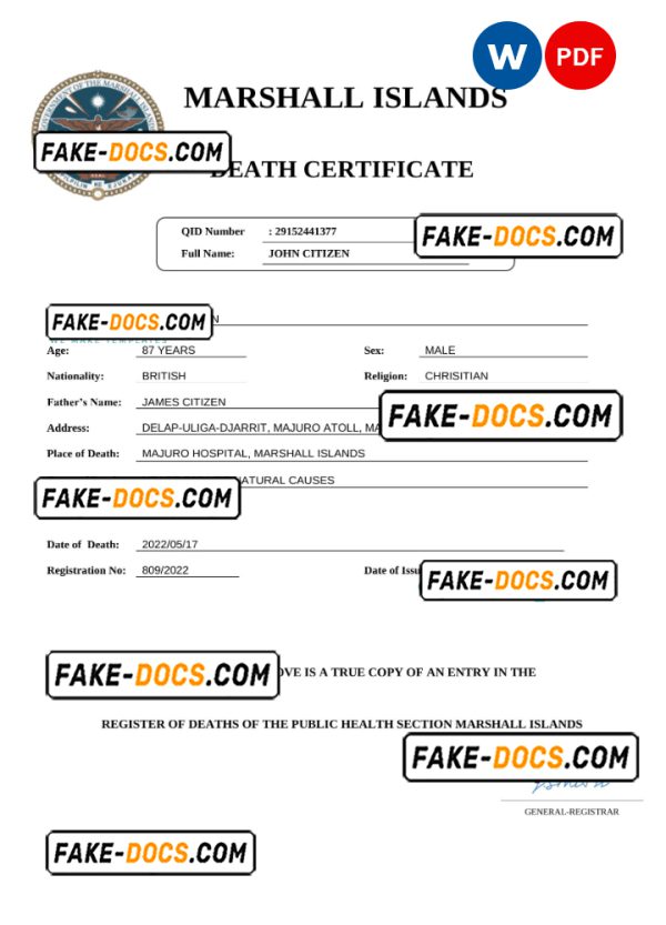 Marshall Islands vital record death certificate Word and PDF template