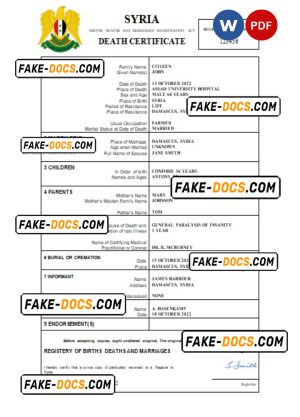 Syria vital record death certificate Word and PDF template Syria vital record death certificate Word and PDF template