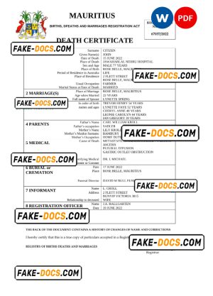 Mauritius death certificate Word and PDF template, completely editable Mauritius death certificate Word and PDF template, completely editable