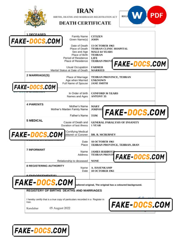 Iran death certificate Word and PDF template, completely editable