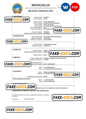 Mongolia vital record death certificate Word and PDF template